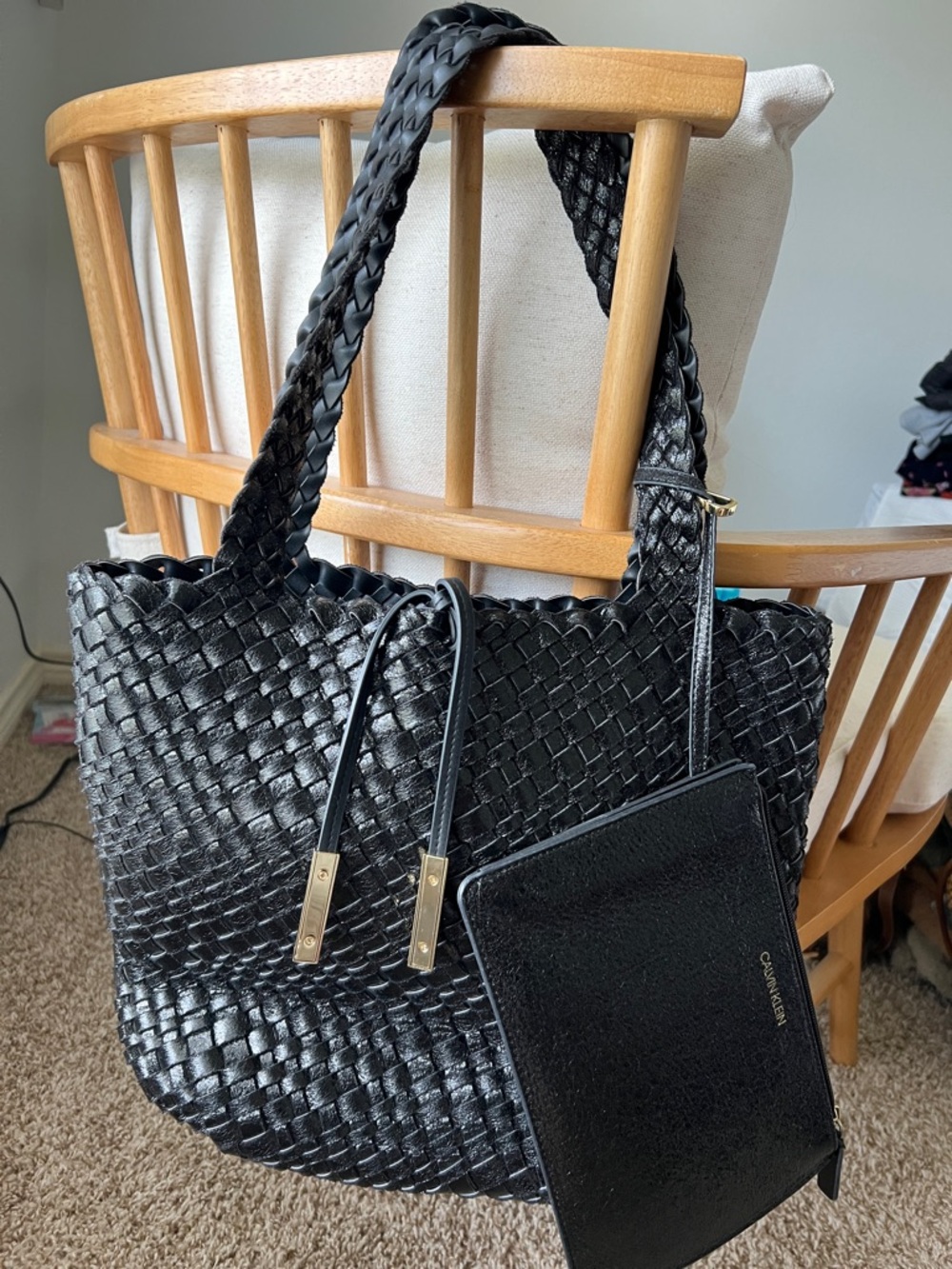 Calvin Klein Black Woven Tote with Matching Zip Pouch